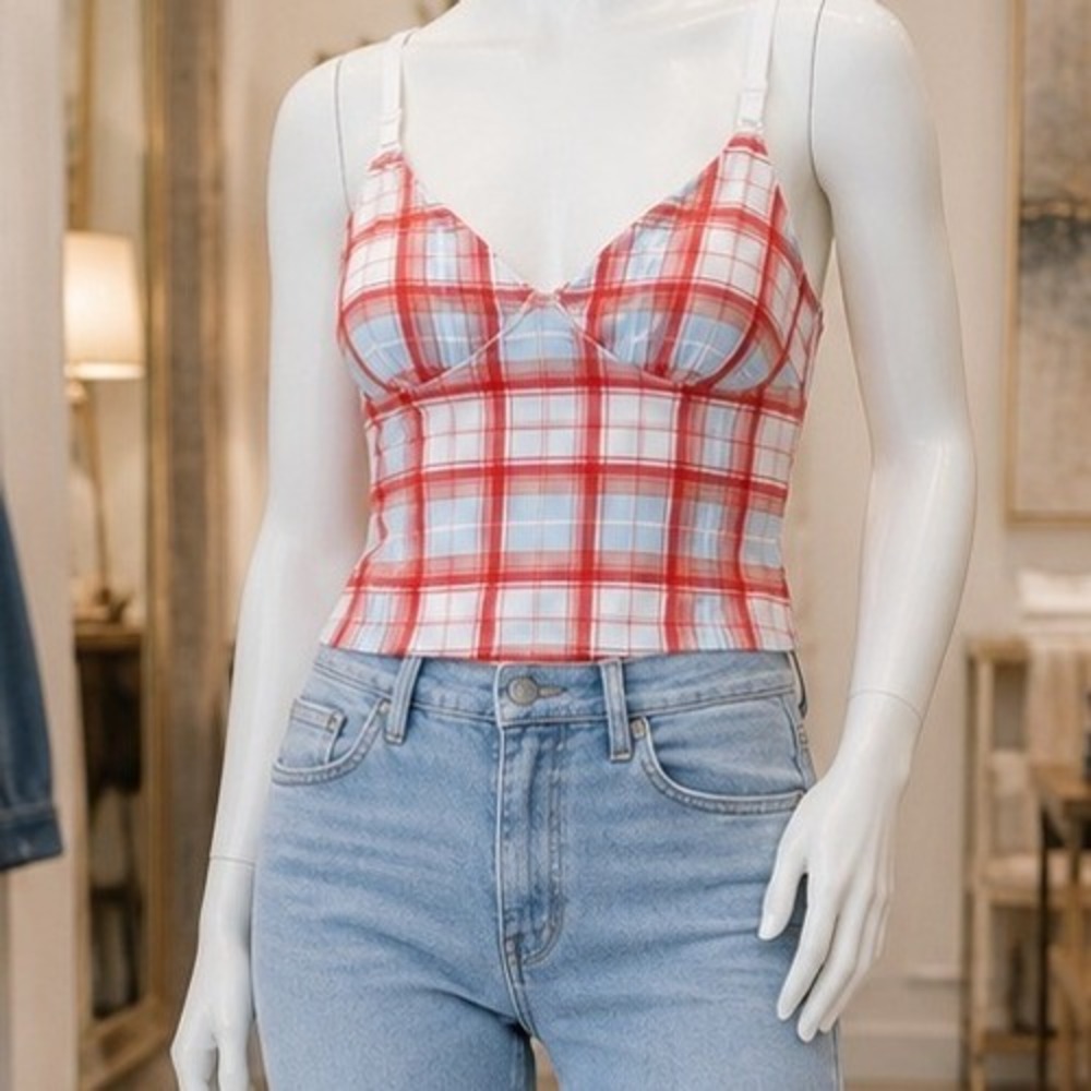 Unbranded Plaid Camisole Women Medium Red Blue V-Neck Lace Trim Cropped Cami Top
